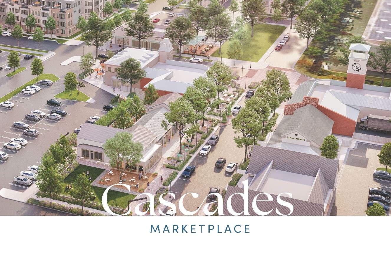 Rendering of retail stores. People are walking on walkway out front. There is also tables open beside the walkway